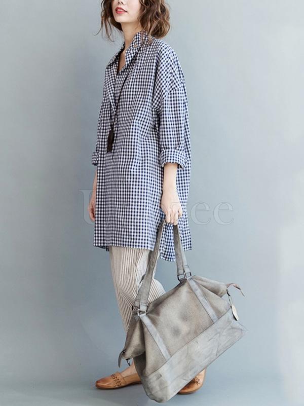 Casual Plaid Lapel Beaded Shirt