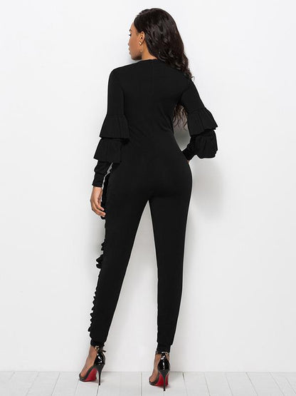 Striped Falbala With Pockets Sports Jumpsuit