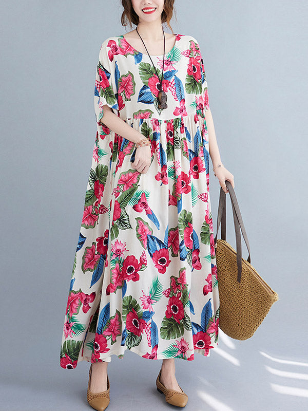 Artistic Retro Loose Floral Printed Pleated Round-Neck Half Sleeves Midi Dress