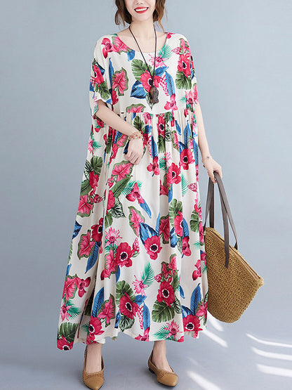 Artistic Retro Loose Floral Printed Pleated Round-Neck Half Sleeves Midi Dress