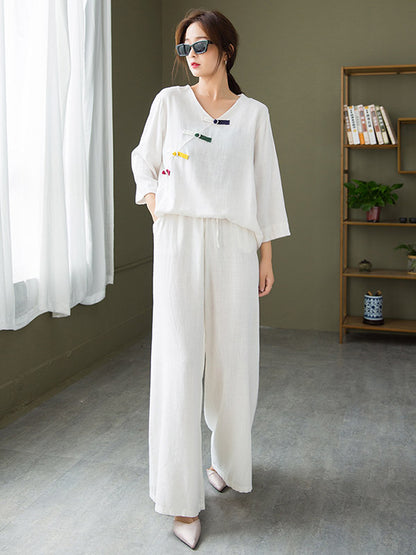 Original Casual Loose Linen Irregular Buttoned V-Neck Long Sleeves T-Shirt Tops&Wide Legs Casual Pants 2 Pieces Set