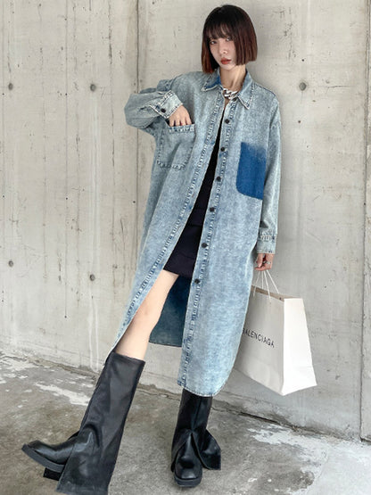 Simple Cool Raw Denim Split-Side Split-Joint With Pocket Buttoned Lapel Collar Long Sleeves Midi Shirt Dress