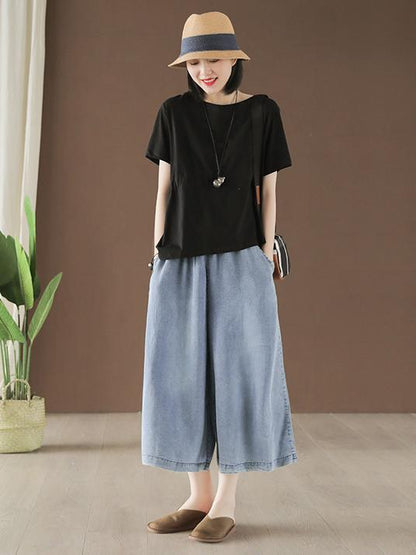 Vintage Elastic Waist Design Wide Leg Pants