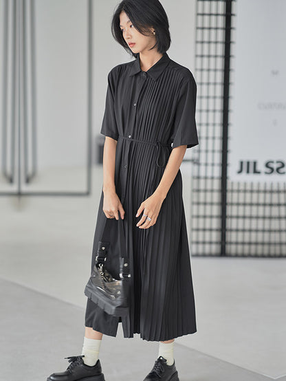 Stylish Split-Joint Pleated Belted Lapel A-Line Short Sleeves Midi Dress
