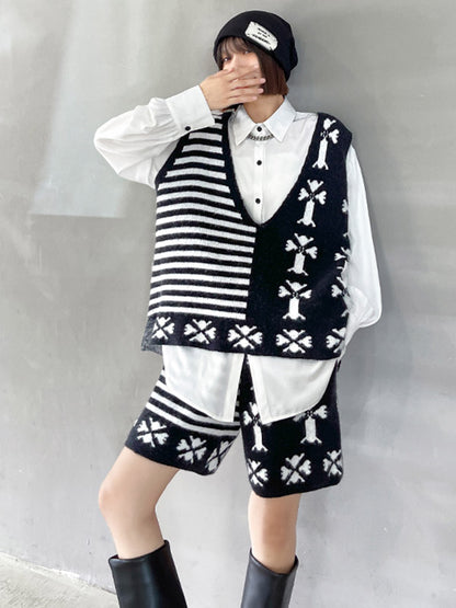 Fashion Printed Knitting  Vest & Shorts Separately 2 Pieces Set