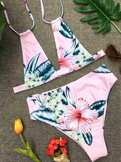 Printed Lace-up Bikinis Swimwear
