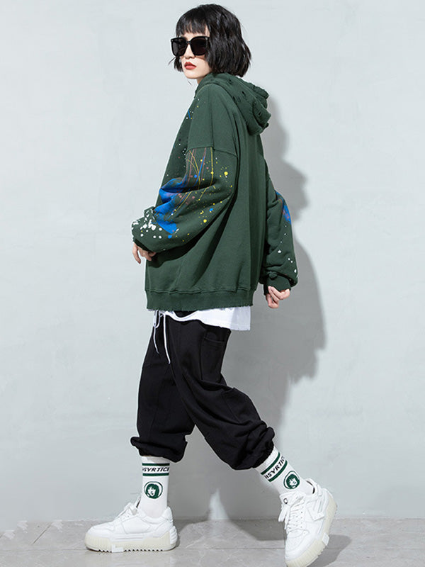 Fashion Printed Split-Joint Drawstring Hoodies Top