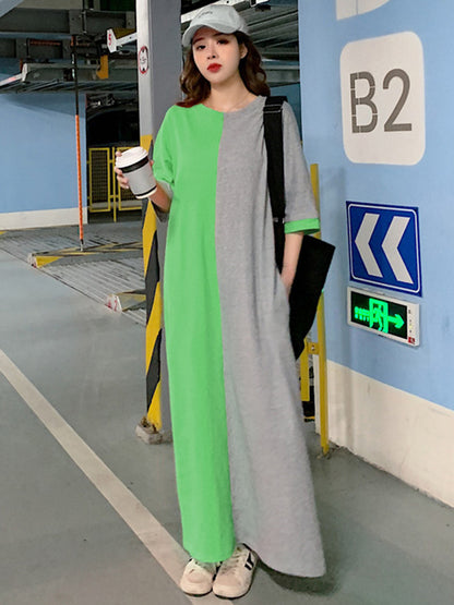 Casual Color Matching Round-Neck Long Sleeves Maxi Dress
