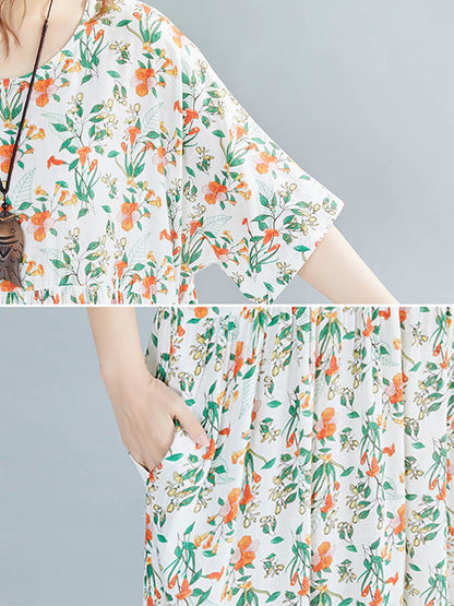 Casual Floral Printed Round-Neck Short Sleeves Midi Dress
