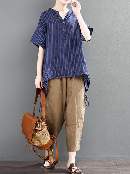 Loose Striped T-shirt + Solid Casual Pants Suits