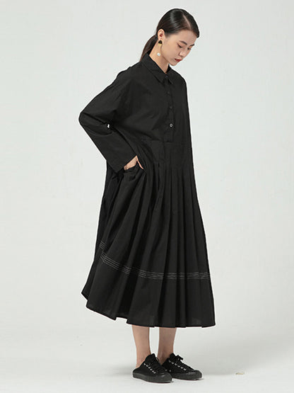 Casual Solid Color Buttoned Pleated Lapel Collar Long Sleeves Midi Dress