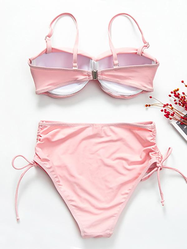 Solid Color Twist Bandage Split Bikini Swimsuit