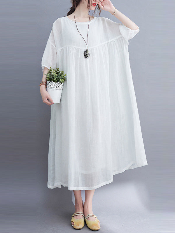 Simple Solid Color Puff Sleeve Midi Dress