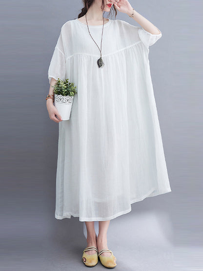 Simple Solid Color Puff Sleeve Midi Dress