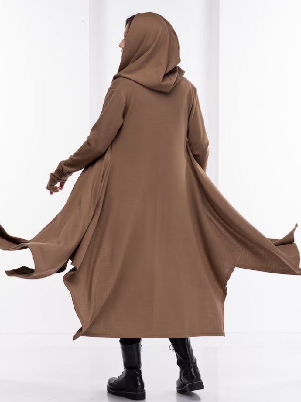 Simple Loose Coffee&Burgundy Split-Side Long Sleeves Hooded Outerwear