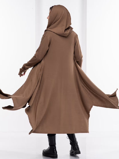 Simple Loose Coffee&Burgundy Split-Side Long Sleeves Hooded Outerwear