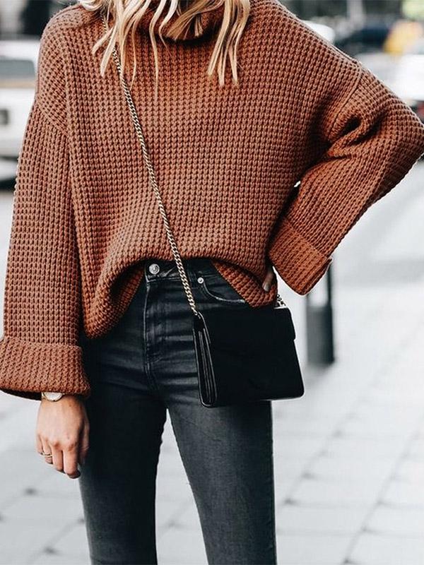 Solid Color Knitting High-neck Sweater Tops