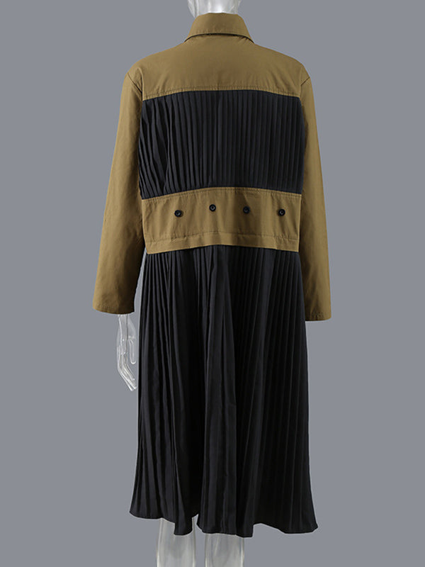 Original Pleated Split-Joint With Pocket Buttoned Lapel Collar Long Sleeves Midi Shirt Dress