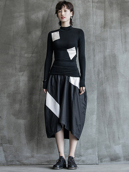 Casual Contrast Color Split-Joint High-Neck Long Sleeves T-Shirt Tops