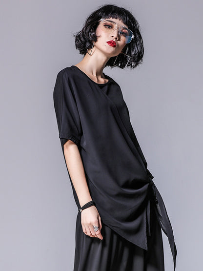 Asymmetrical Loose Round-Neck Modal And Chiffon T-Shirts Tops