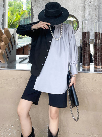 Irregular Casual Solid Color Pleated Buttoned Lapel Collar Long Sleeves Blouse