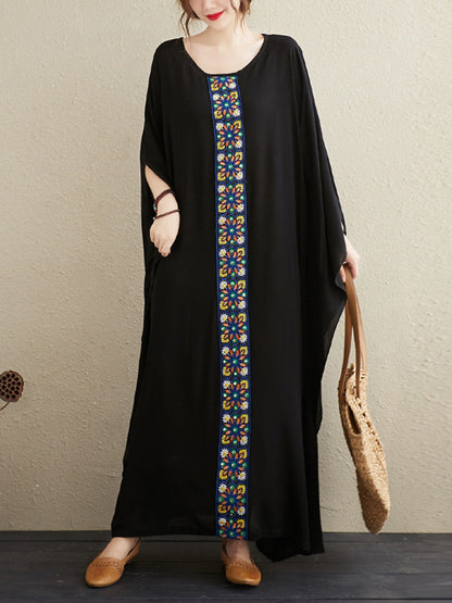 National Loose Embroidered Round-Neck Batwing Sleeves Midi Dress