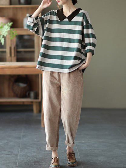 Casual Striped Contrast Color Long Sleeves Doll Collar Loose T-Shirt Tops