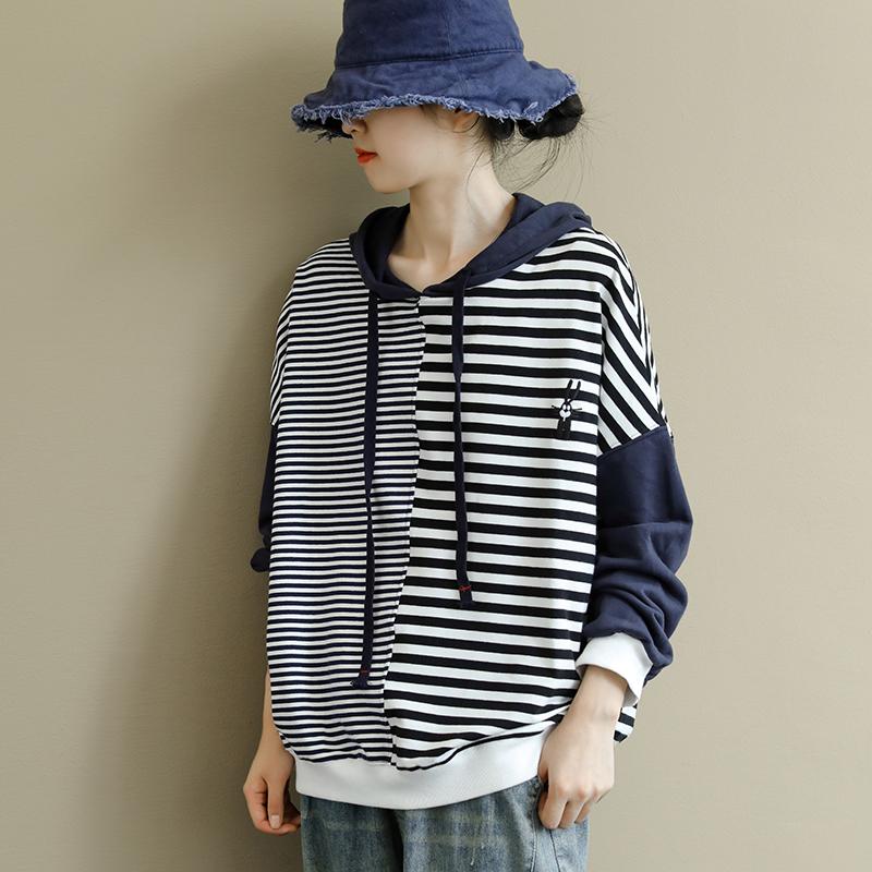 Buykud Thin Stripes And Thick Stripes Sleeve Spliced Casual Hoodie