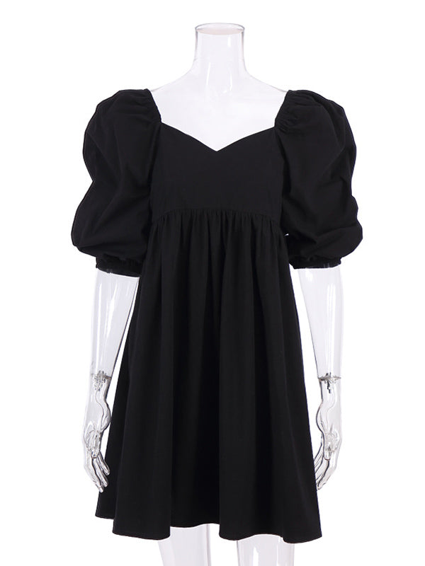 Stylish Split-Joint Pleated Puff Sleeves A-Line Mini Dress