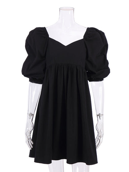Stylish Split-Joint Pleated Puff Sleeves A-Line Mini Dress
