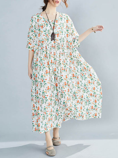 Casual Floral Printed Round-Neck Short Sleeves Midi Dress