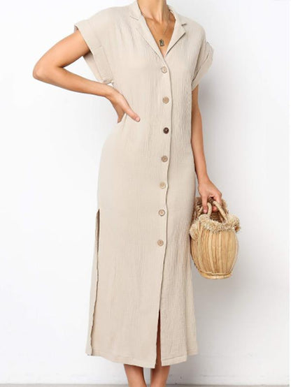 Simple Split-side V-neck Shirt Midi Dress