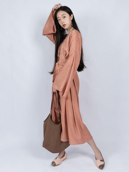 Tencel Flared Sleeves V-neck Lace-up Long Dress
