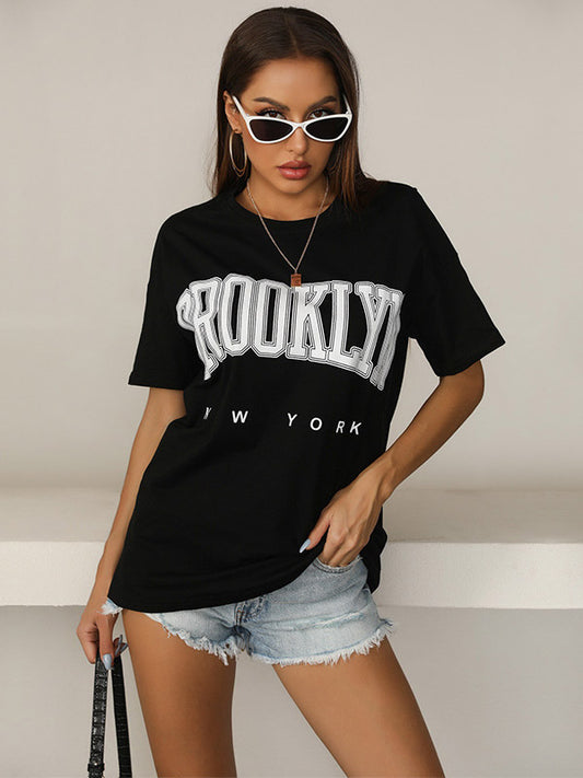 Stylish Black Letter Print Round-Neck Short Sleeves T-Shirts