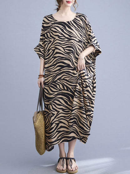 Original Zebra-Stripe Round-Neck Batwing Sleeve Midi Dress