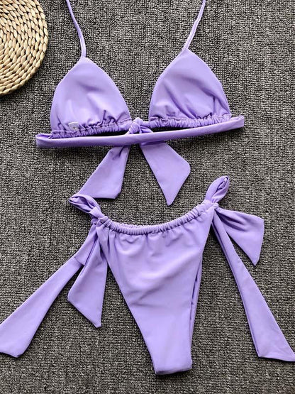 Triangle Top Ruched Plain Bikini Set