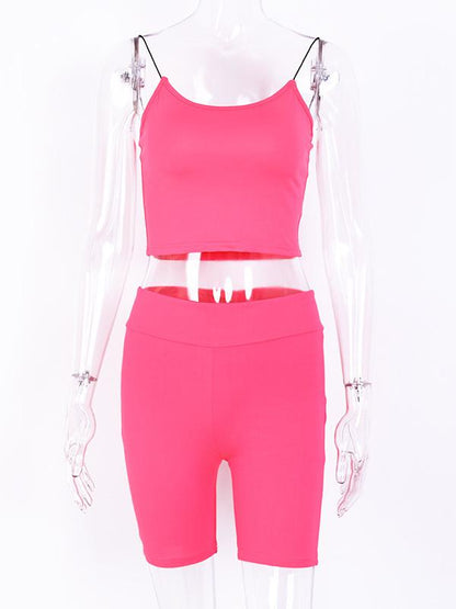 Narrow Straps Top And Solid Sports Shorts Suits
