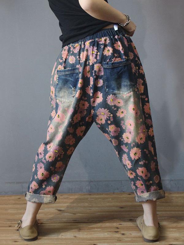 Vintage Floral Elastic Waist Harem Jean Pants