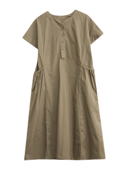 Casual Solid Color Round-Neck With Pocket Midi Dress