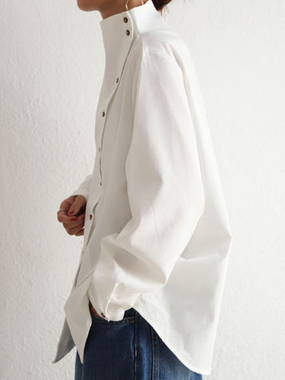 Loose Casual Solid Color Buttoned High-Neck Long Sleeves Blouse