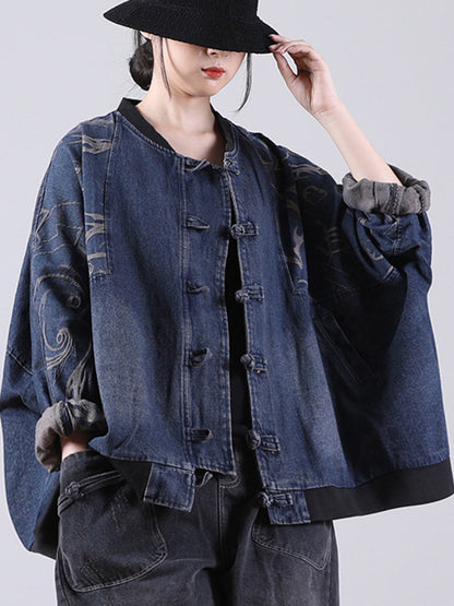 Vintage Buttoned Split-Joint Printed Long Sleeves Denim Jackets Outerwear