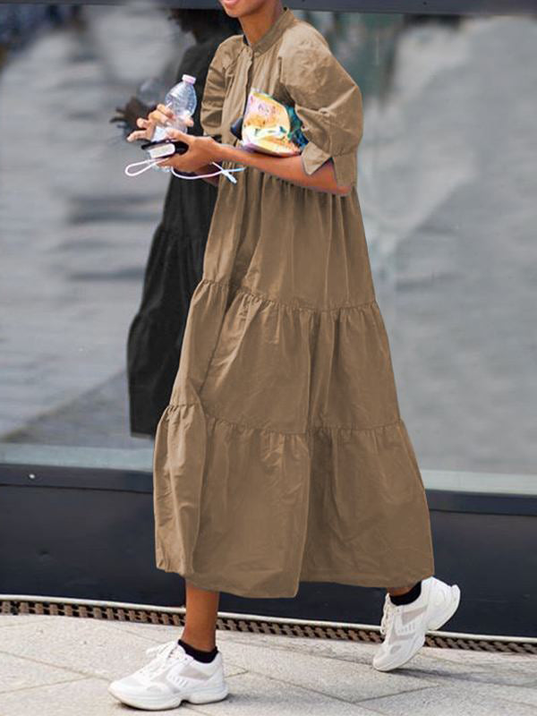 Original Solid Color Split-Joint Pleated Buttoned Stand Collar Half Puff Sleeves Midi Dress