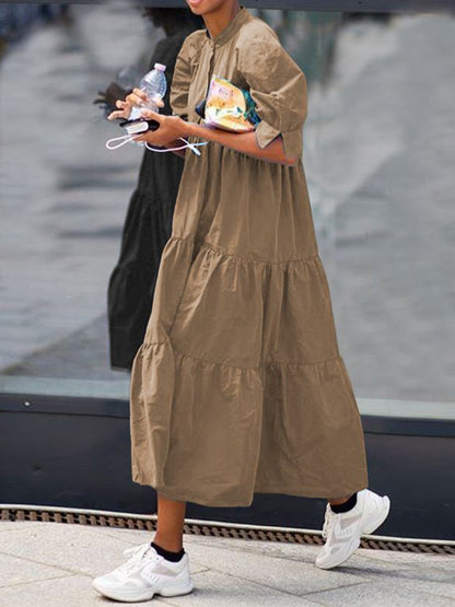 Original Solid Color Split-Joint Pleated Buttoned Stand Collar Half Puff Sleeves Midi Dress