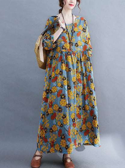 Vintage Floral Round-Neck Long Sleeves A-Line Maxi Dress