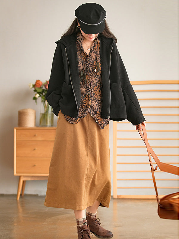 Casual Loose Solid Color Hooded Split-Joint Zipper Outerwear
