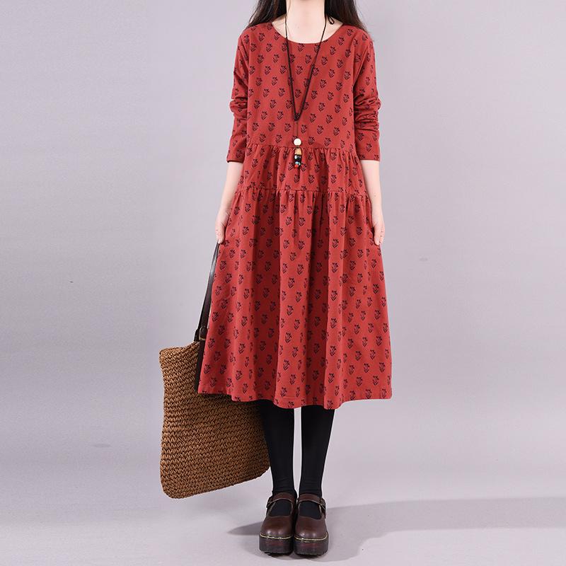 Buykud Casual Plant Printed O-Neck Pullover A-Line Dress