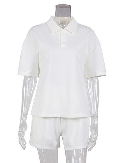 Simple White Lapel Polo Collar T-Shirt+ Shorts Two Pieces Set