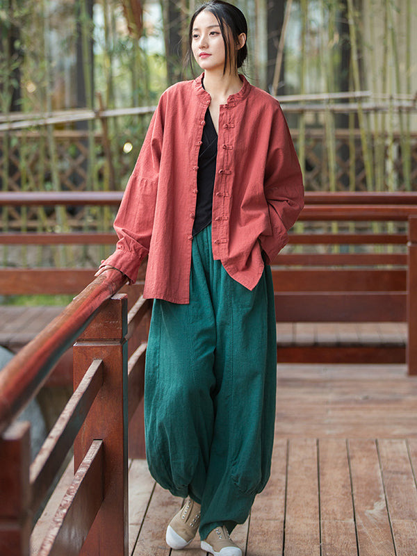 Original Artistic Retro Loose Solid Color Ramie Cotton Blouse Outwear