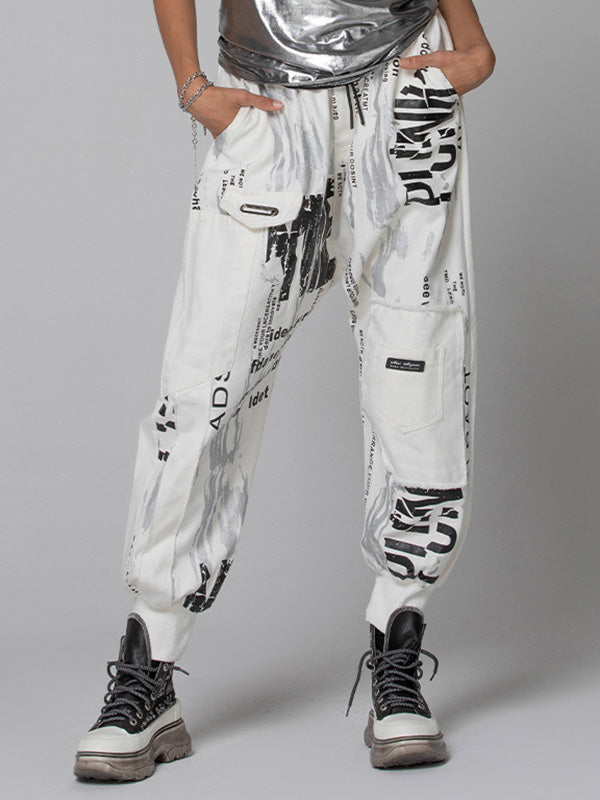 Urban Drawstring High-Waisted Black White Casual Harem Pants Bottom