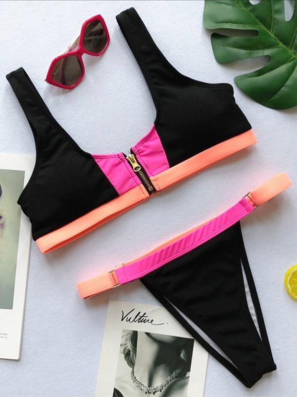 Sexy Contrast Color Zipper Bikini Swimsuit